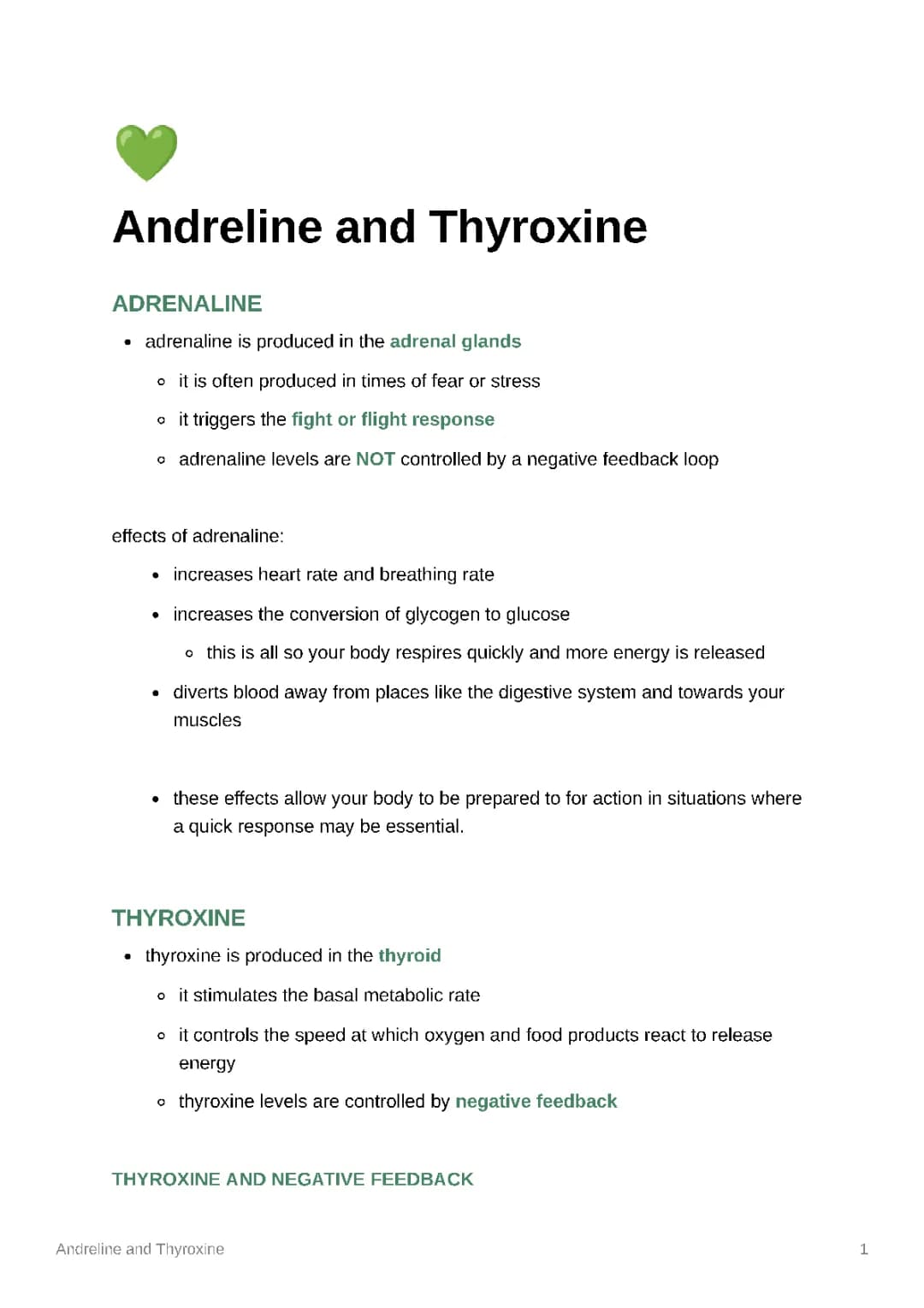 gcse biology - adrenaline and thyroxine