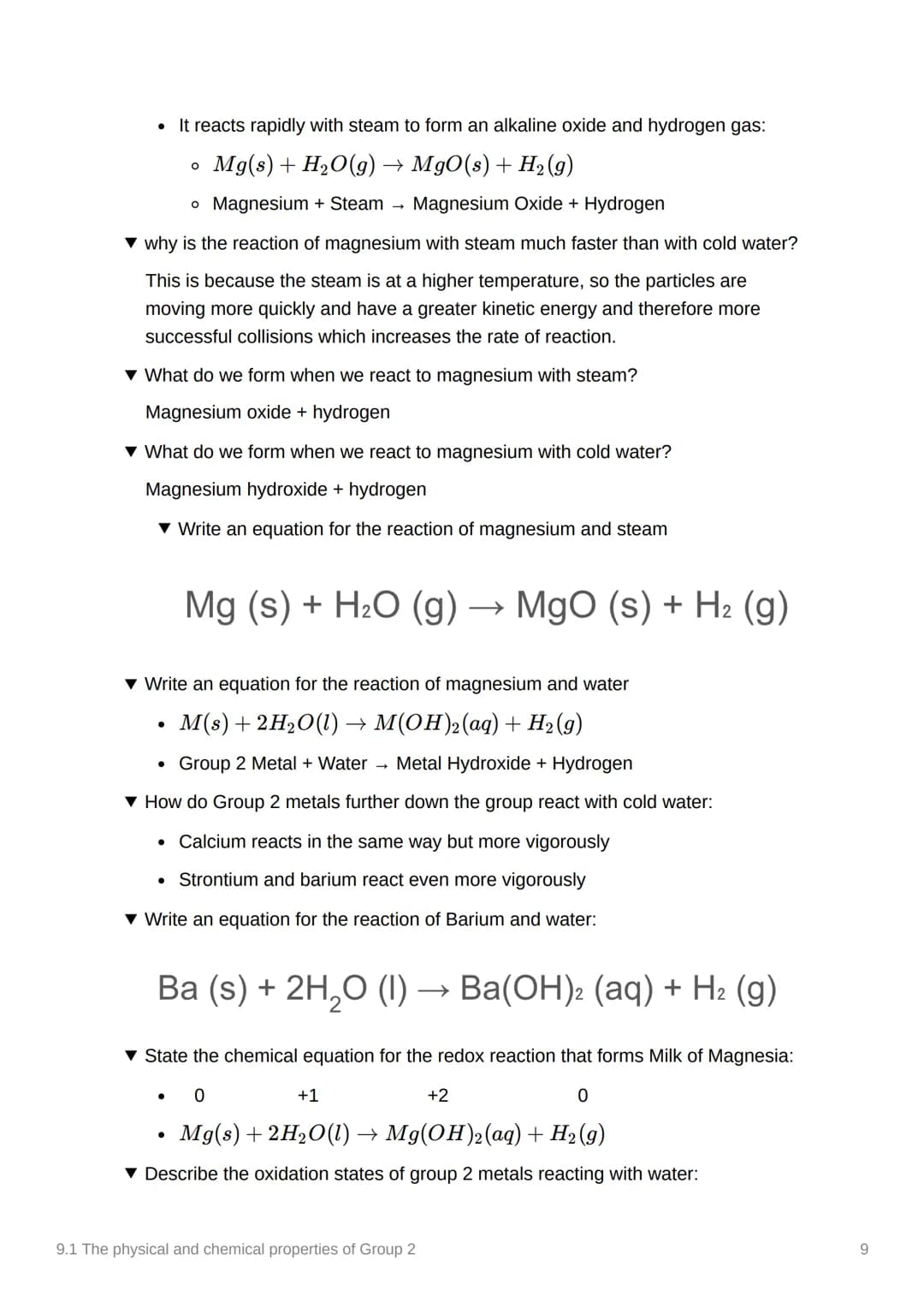 9.1 The physical and chemical
properties of Group 2
Notion
Anki
Done
Be
Mg
Ca
Sr
Ba
Ra
The physical properties of the Group+ 2 elements,
mag