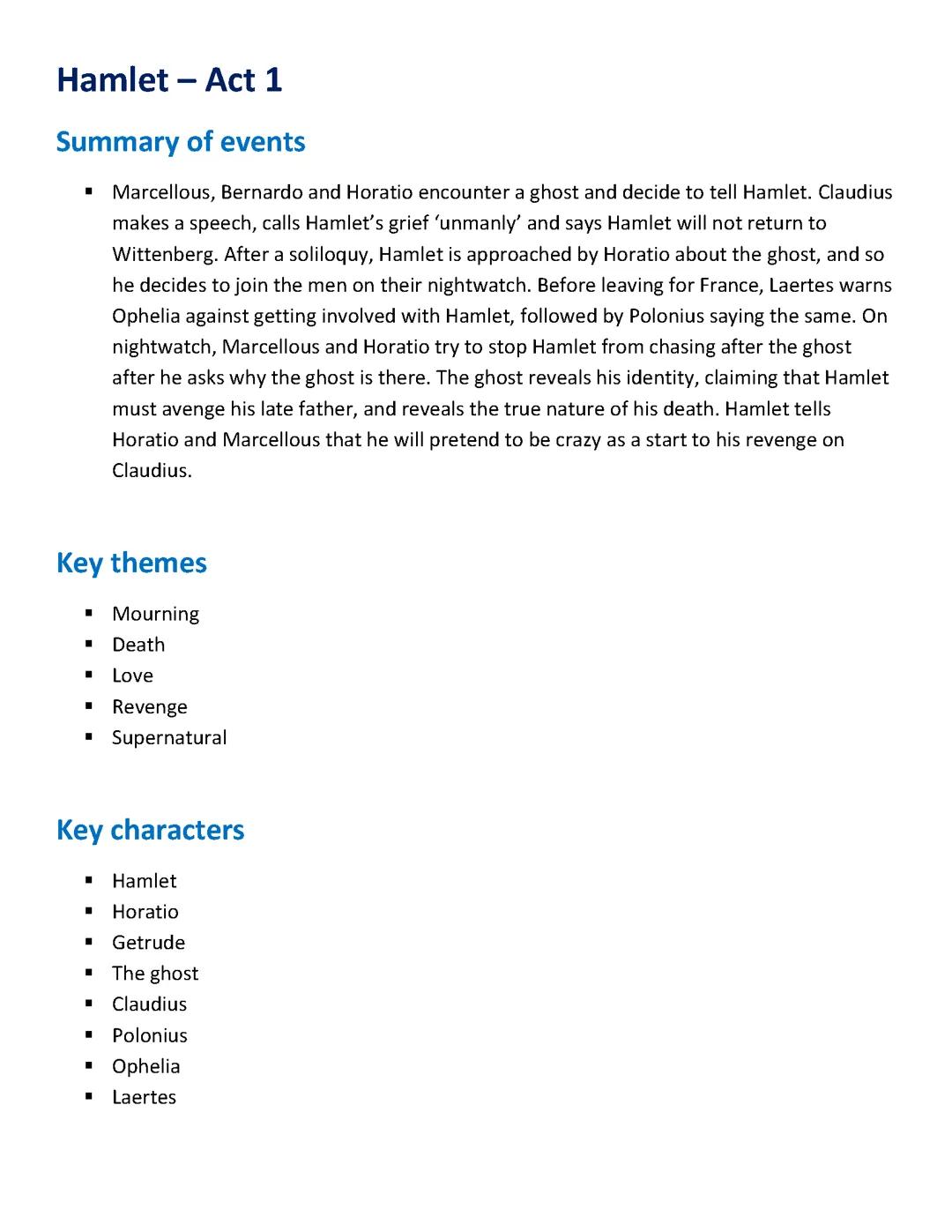 Hamlet Act 1 - Summary and quotes