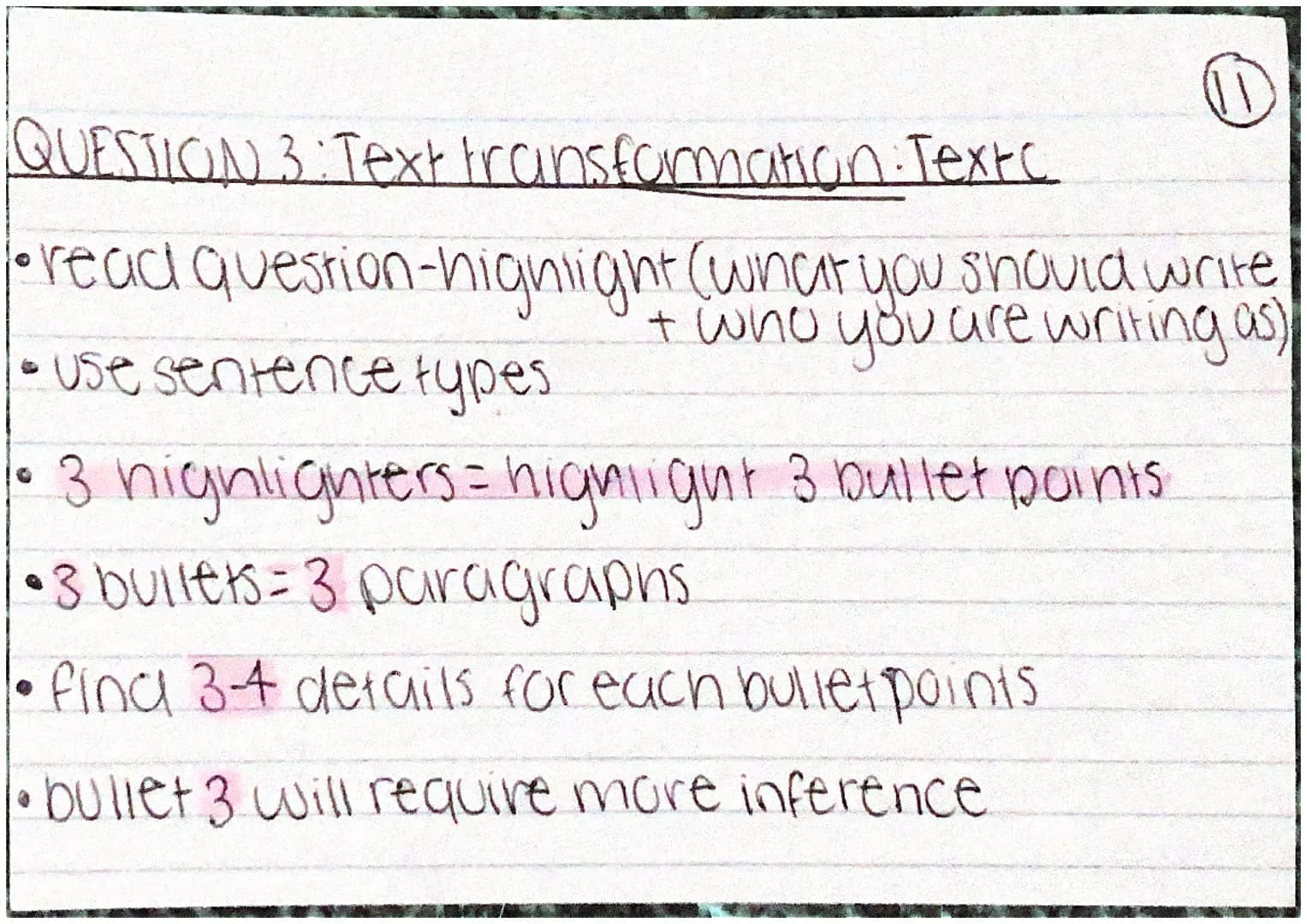 Top tips.
• if a paragraph is mentioned, box it
'Use your own words' = paraphrasel re-writel
fina synonym.
for Q3 have THREE highlighters QU