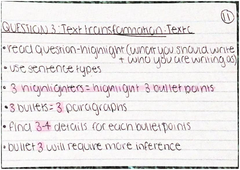 Top tips.
• if a paragraph is mentioned, box it
'Use your own words' = paraphrasel re-writel
fina synonym.
for Q3 have THREE highlighters QU