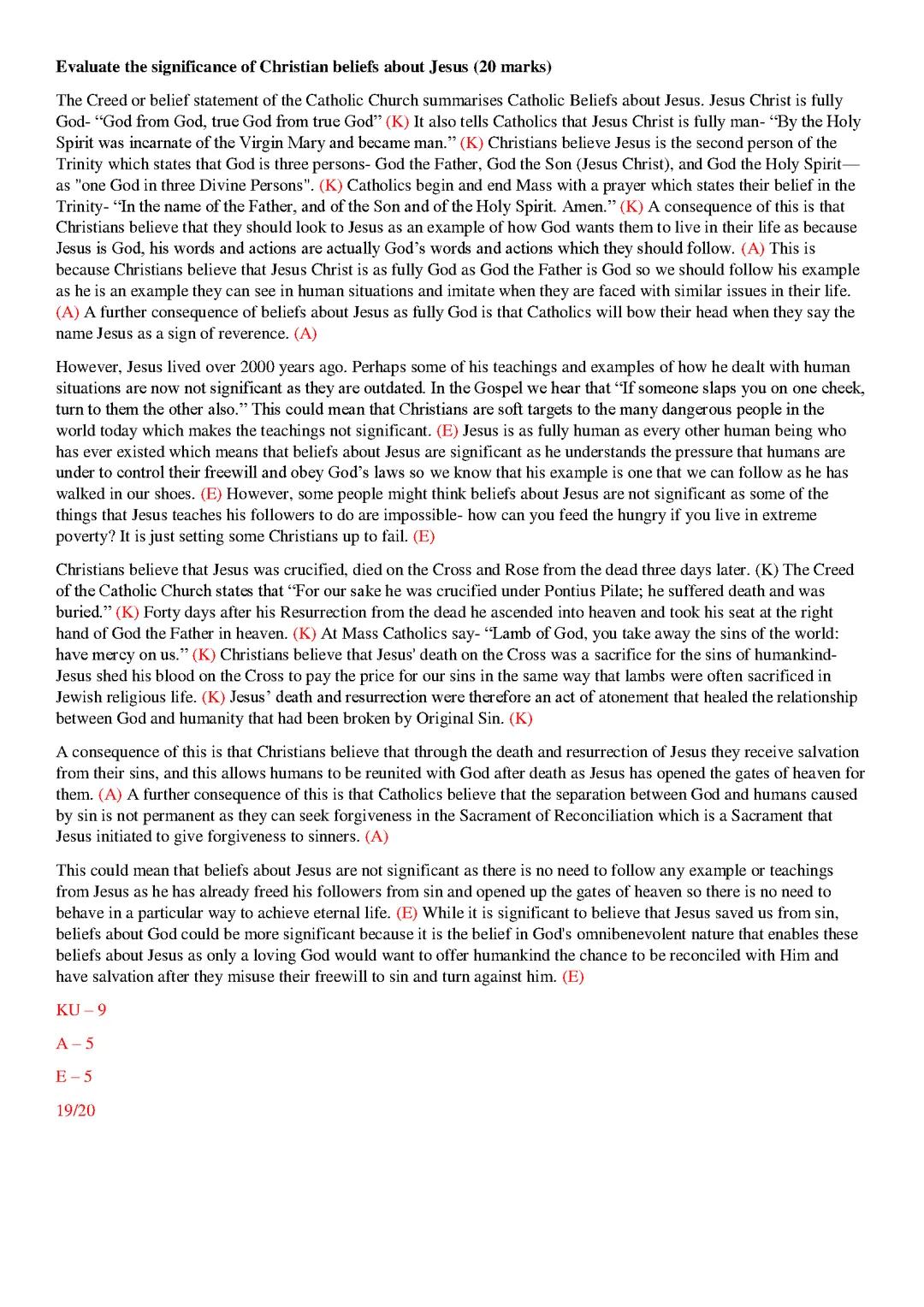 Christian beliefs about Jesus essay (20 marks)