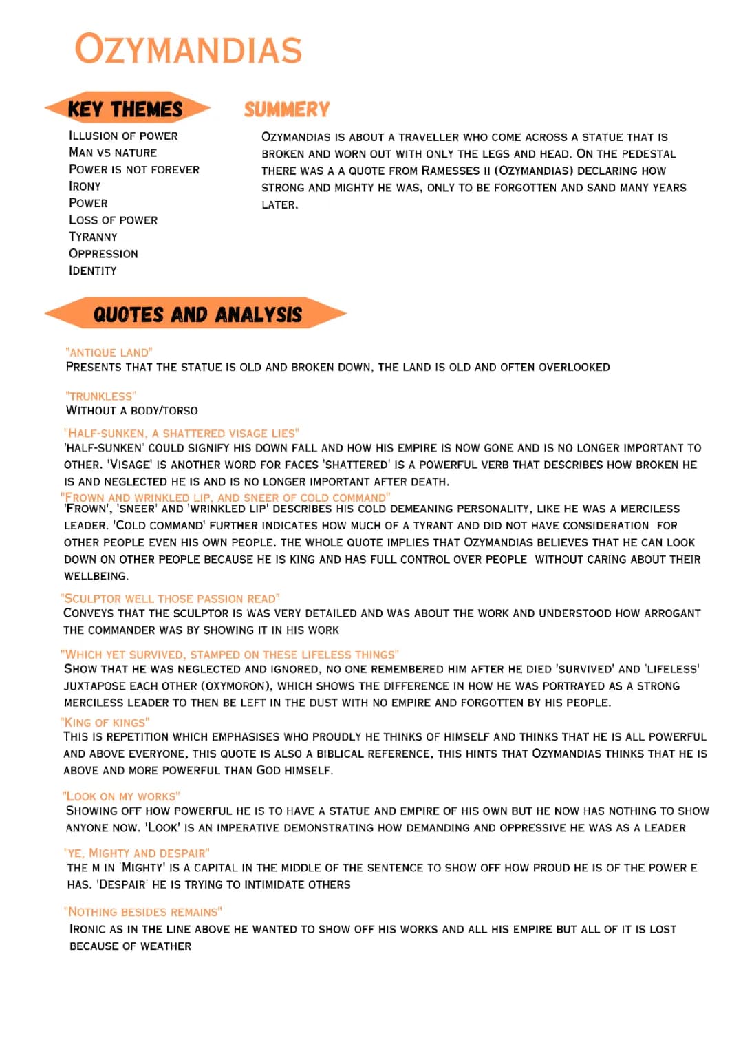 Ozymandias Analysis for GCSE English AQA - Themes, Quotes, and More!
