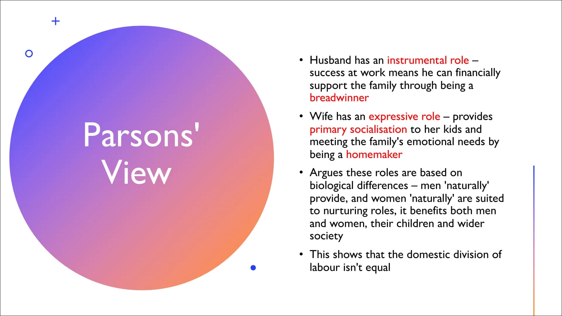 DOMESTIC
DIVISION OF
LABOUR
By Khadijah
+ +
Parsons'
View
●
Husband has an instrumental role -
success at work means he can financially
supp