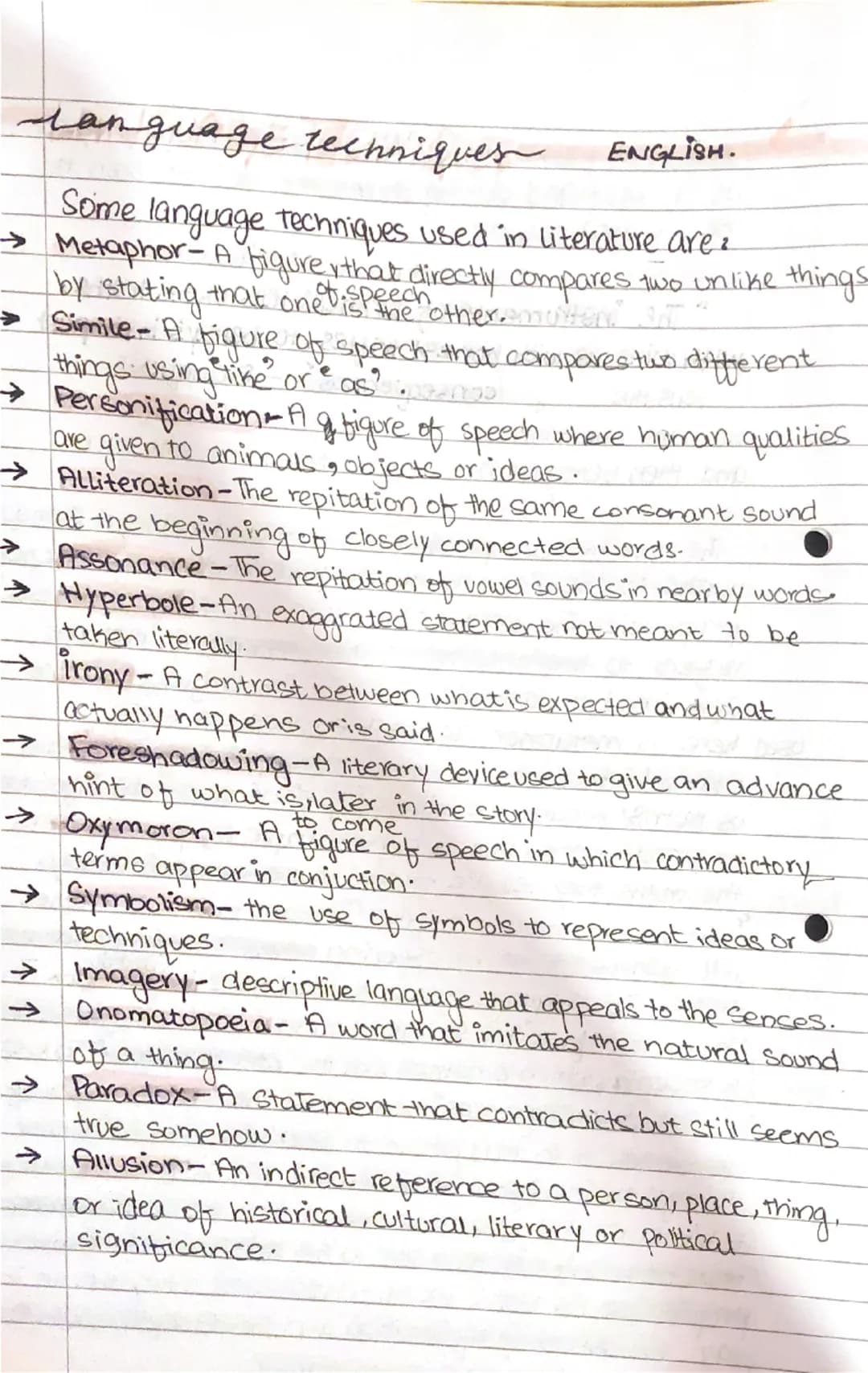 language techniques
ENGLISH.
Some language techniques used in literature are
→ Metaphor - A figure that directly compares two unlike things
