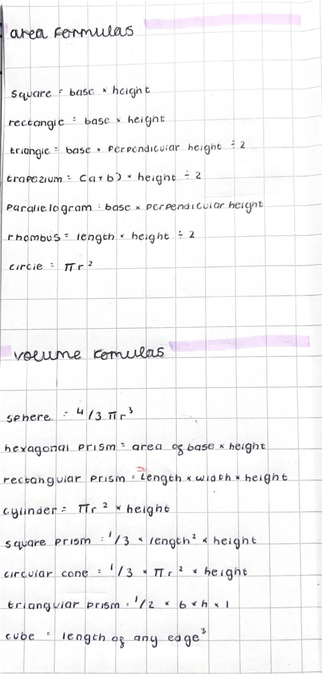 area & volume formulas! - maths