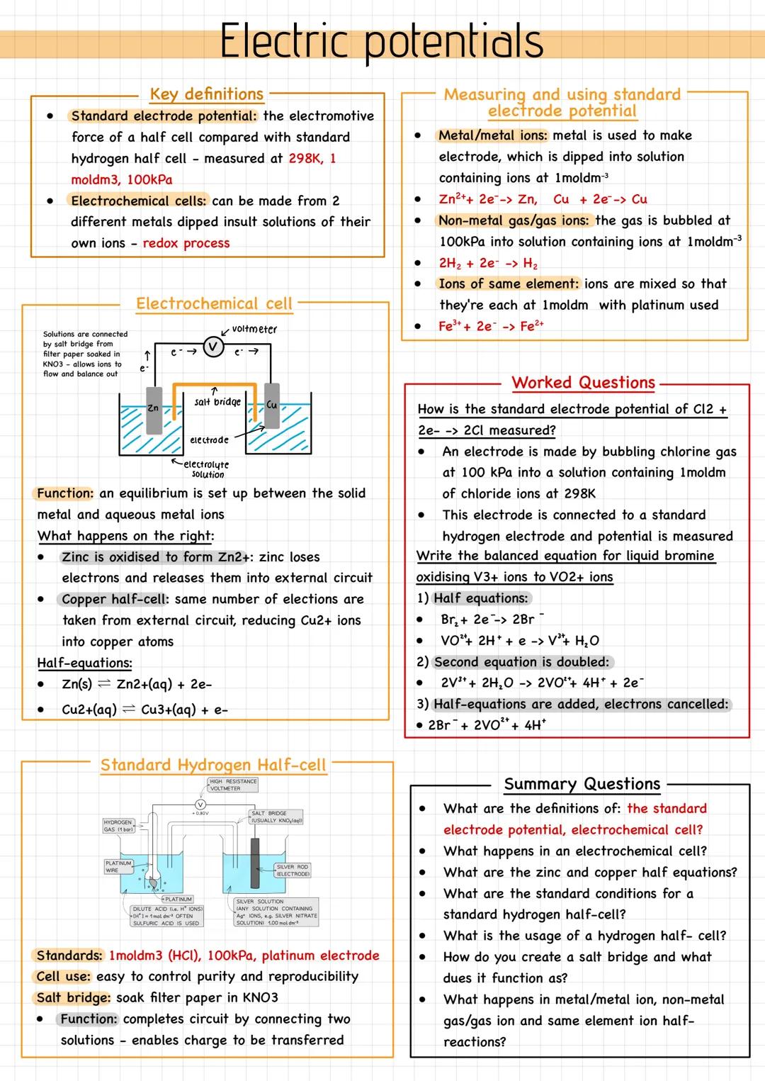 Solutions are connected
by salt bridge from
filter paper soaked in
KNO3 allows ions to
flow and balance out
●
Key definitions
● Standard ele