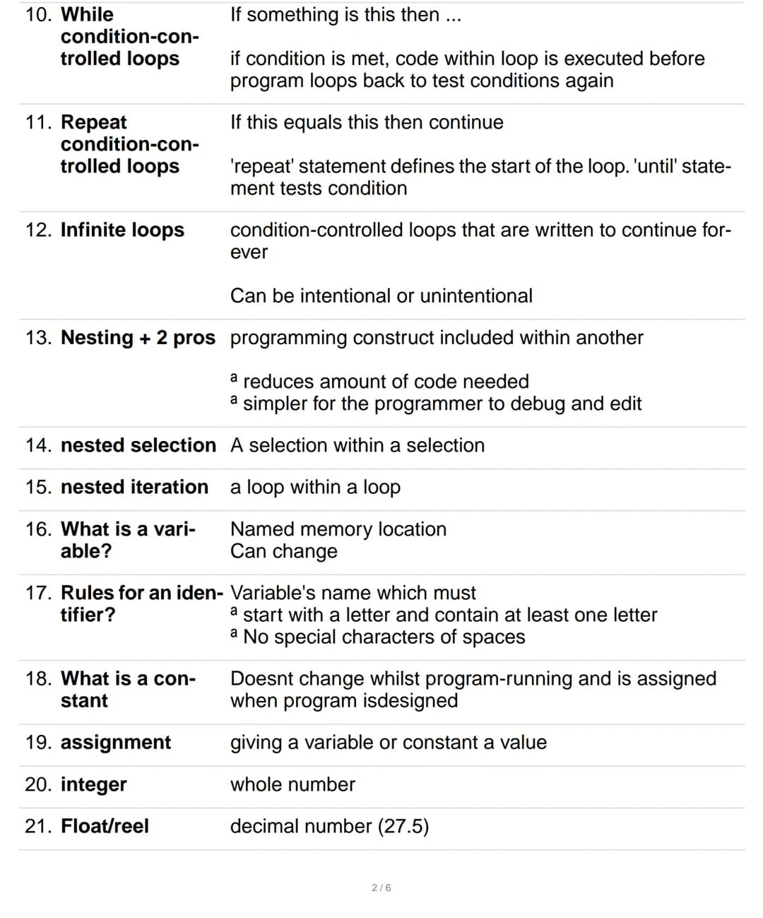 1. 3 basic program- sequence
ming constructs selection
iteration
2. Sequence
3. iteration
4. 2 types of itera-
tion
5. How does selec-
tion 