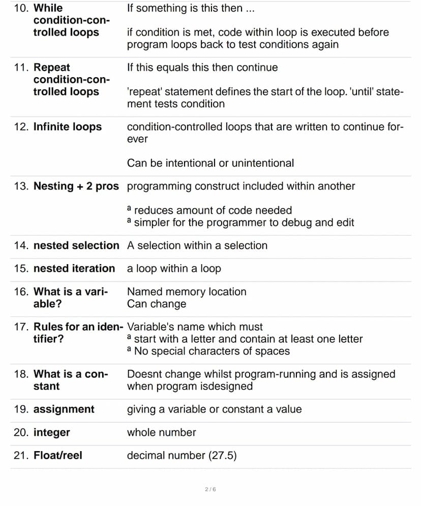 1. 3 basic program- sequence
ming constructs selection
iteration
2. Sequence
3. iteration
4. 2 types of itera-
tion
5. How does selec-
tion 