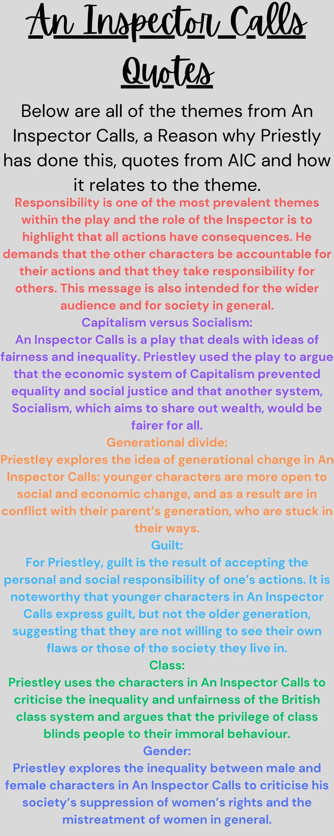 An Inspector Calls
Quotes
Below are all of the themes from An
Inspector Calls, a Reason why Priestly
has done this, quotes from AIC and how
