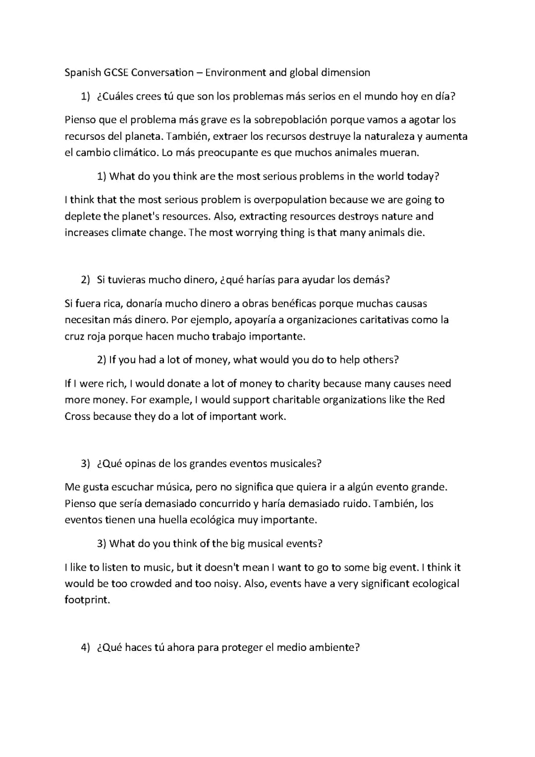 Spanish GCSE - Environment and Global Dimension - Conversation Questions and Answers