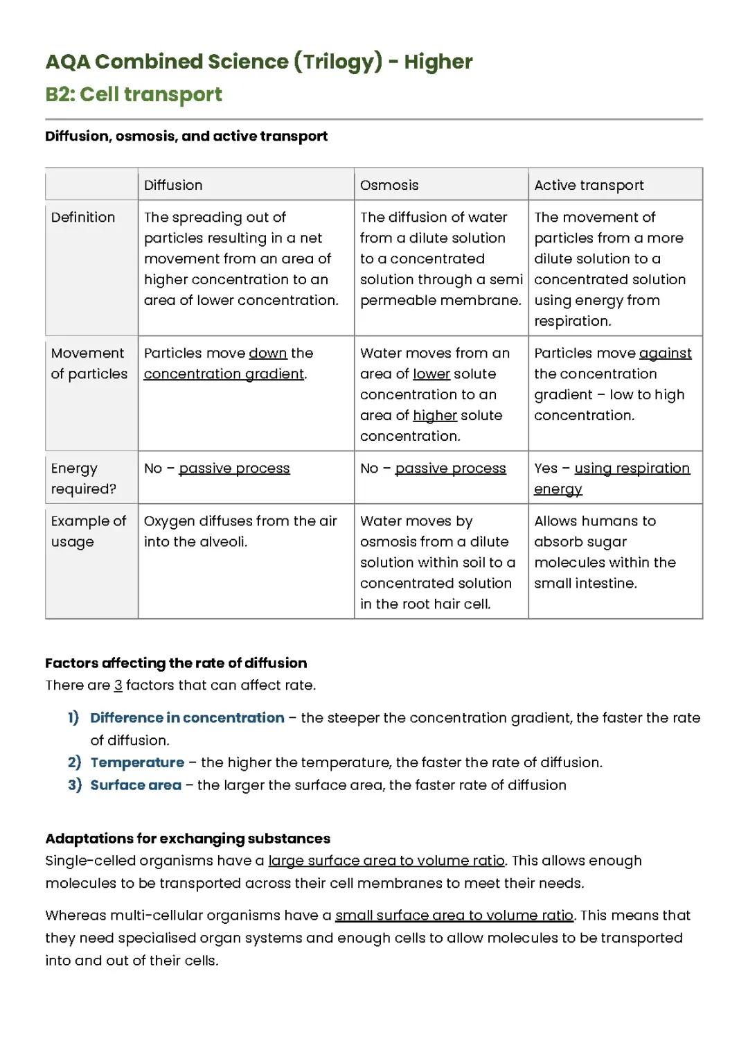 Diffusion, Osmosis, and Active Transport in Cells - Easy Science Notes for GCSE