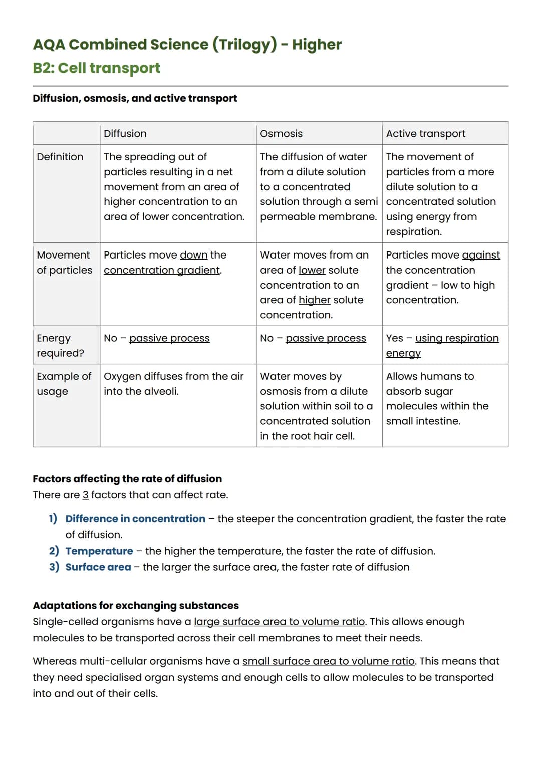 AQA Combined Science (Trilogy) - Higher
B2: Cell transport
Diffusion, osmosis, and active transport
Definition
Movement
of particles
Energy
