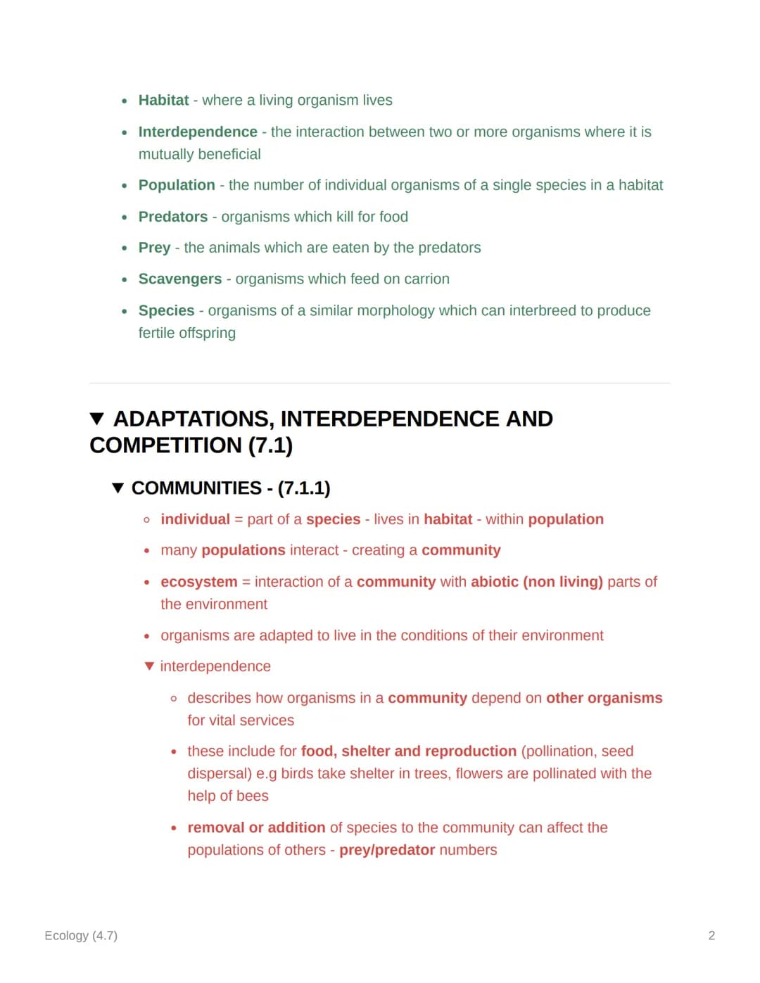 Ecology (4.7)
TOPIC 7 AQA GCSE BIOLOGY
▼ KEY TERMS
Ecology (4.7)
▪ Biodiversity- variety of living organisms
• Carrion - decaying flesh and 