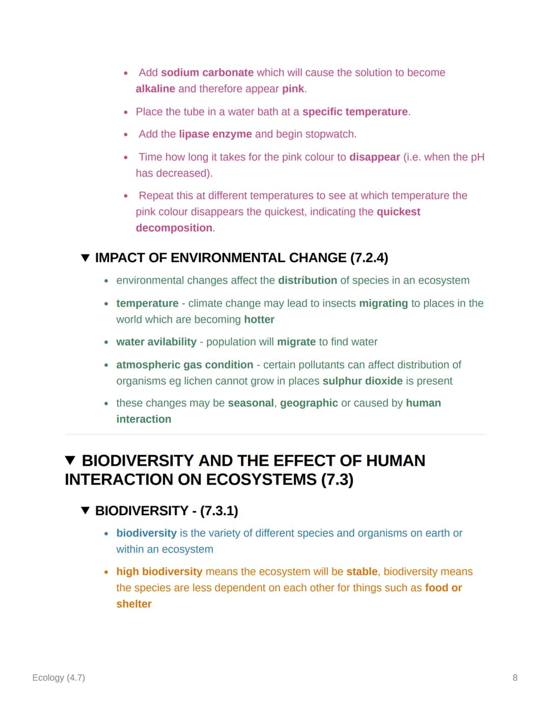 Ecology (4.7)
TOPIC 7 AQA GCSE BIOLOGY
▼ KEY TERMS
Ecology (4.7)
▪ Biodiversity- variety of living organisms
• Carrion - decaying flesh and 