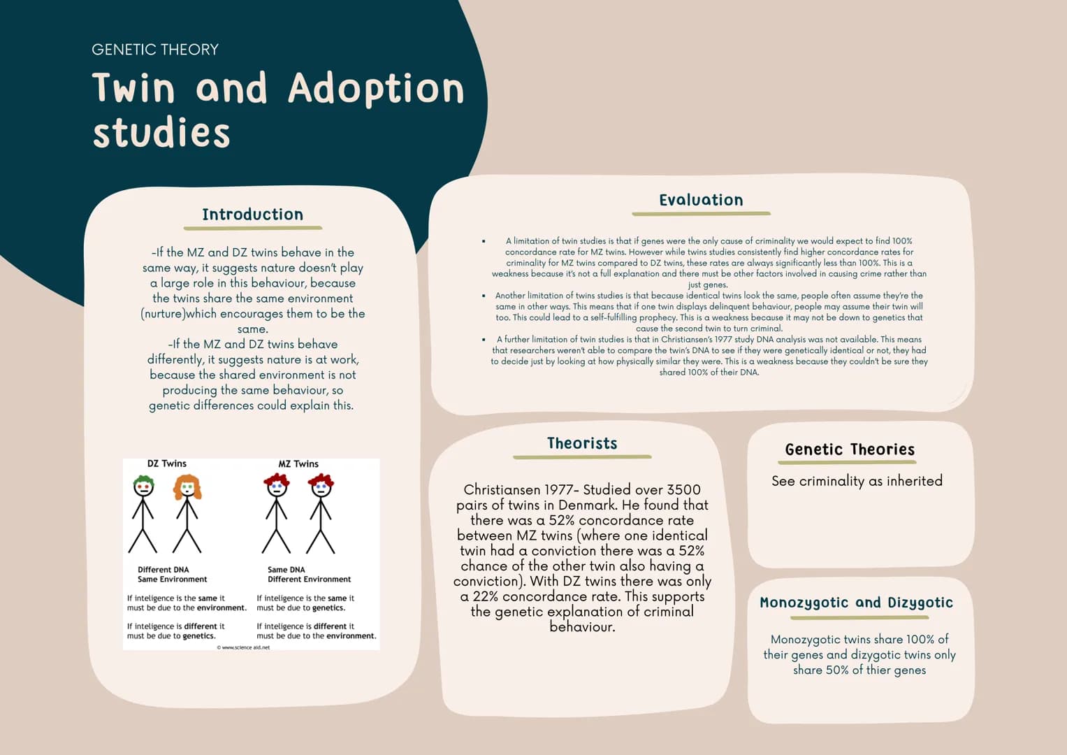 GENETIC THEORY
Twin and Adoption
studies
Evaluation
Introduction
-If the MZ and DZ twins behave in the
same way, it suggests nature doesn't 