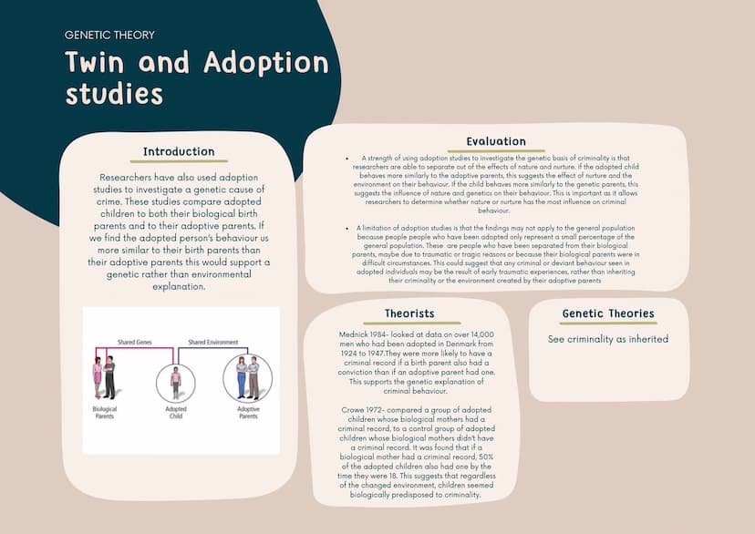 GENETIC THEORY
Twin and Adoption
studies
Evaluation
Introduction
-If the MZ and DZ twins behave in the
same way, it suggests nature doesn't 