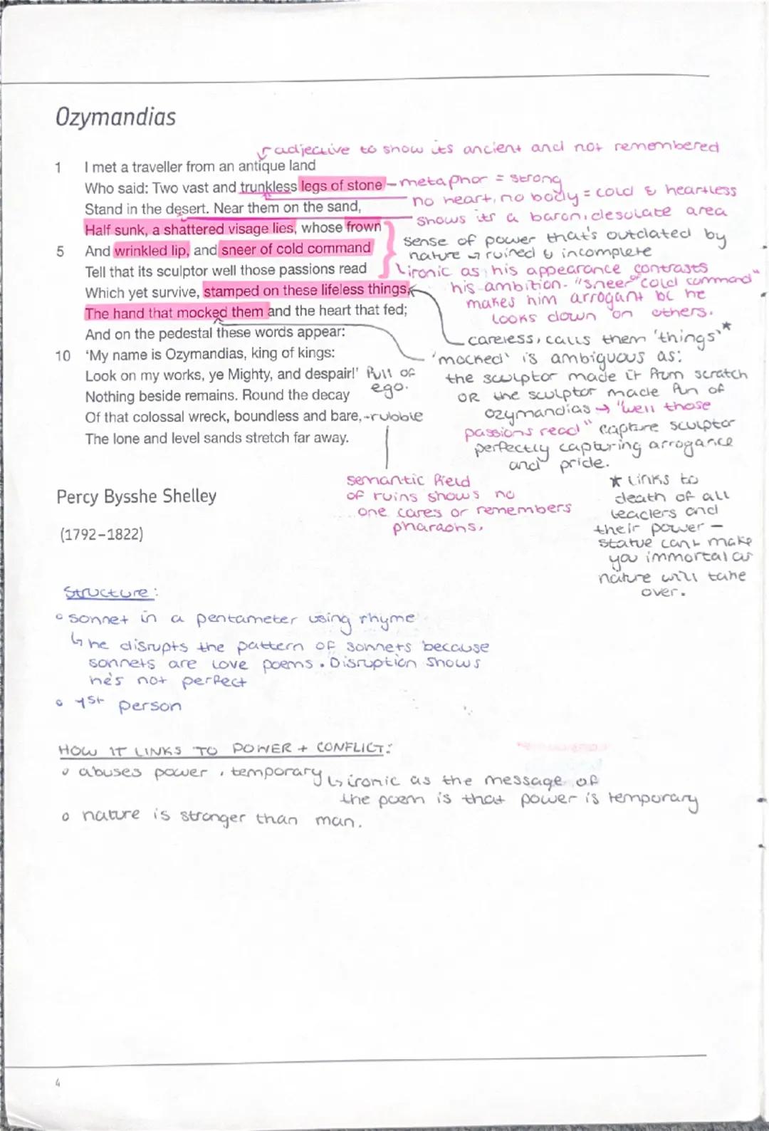 Ozymandias
1
radjective to show its ancient and not remembered
I met a traveller from an antique land
no heart, no body = cold & heartless
s