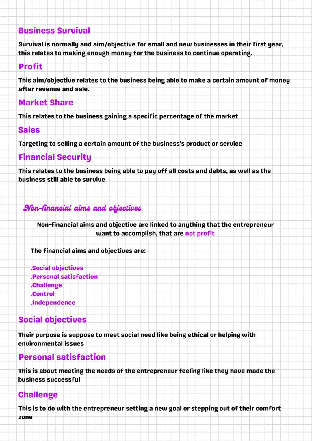 Business aims and objectives
Aims and objective help give the business a sense of directions
and provides a purpose. This also helps create 