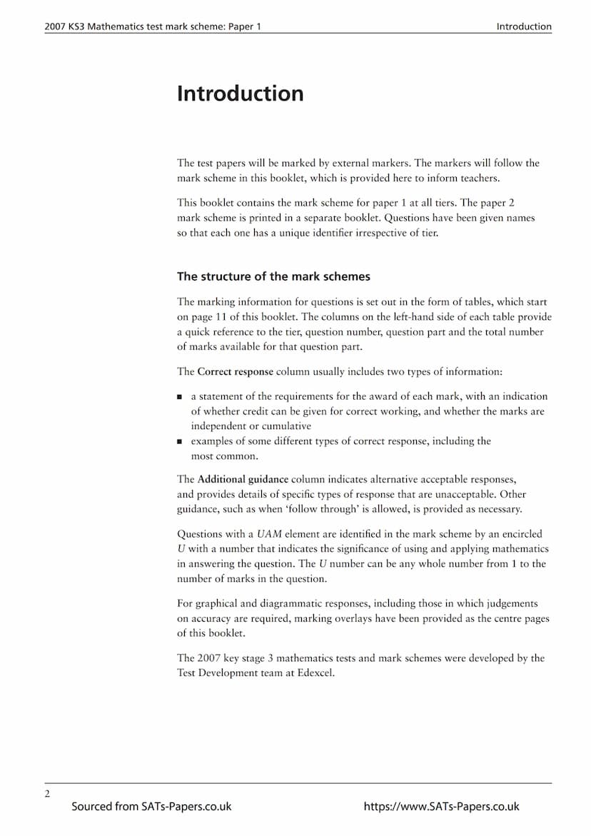 Ma
KEY STAGE
3
ALL TIERS
2007
Mathematics tests
Mark scheme
for Paper 1
Tiers 3-5, 4-6, 5–7 and 6-8
3
National curriculum assessments
Source