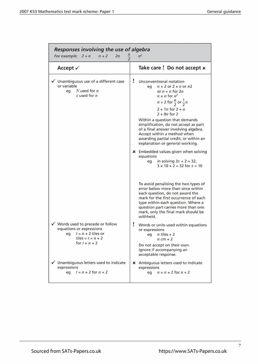 Ma
KEY STAGE
3
ALL TIERS
2007
Mathematics tests
Mark scheme
for Paper 1
Tiers 3-5, 4-6, 5–7 and 6-8
3
National curriculum assessments
Source