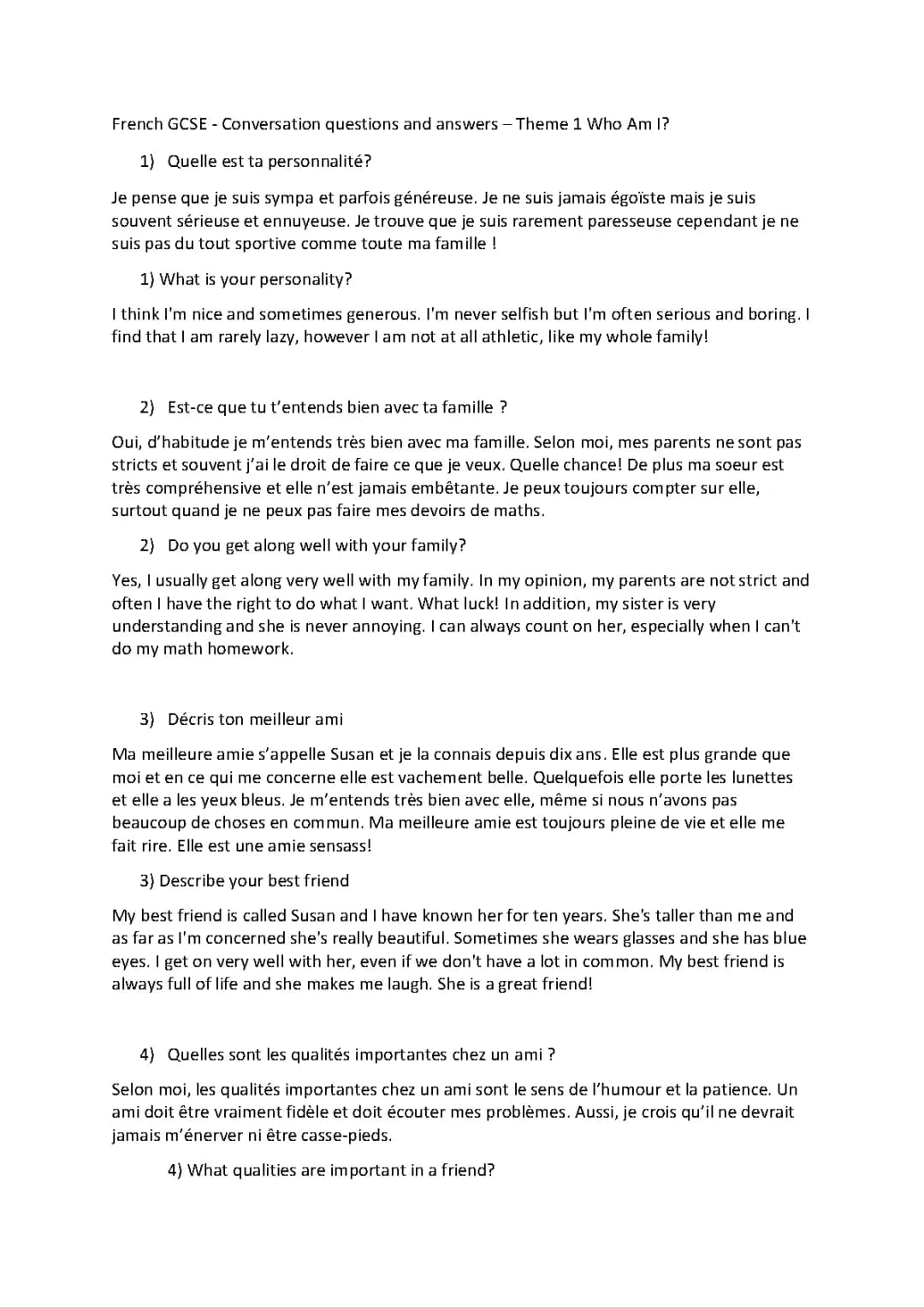 Questions et Réponses pour l'Examen Oral de Français GCSE - Aide et Modèle