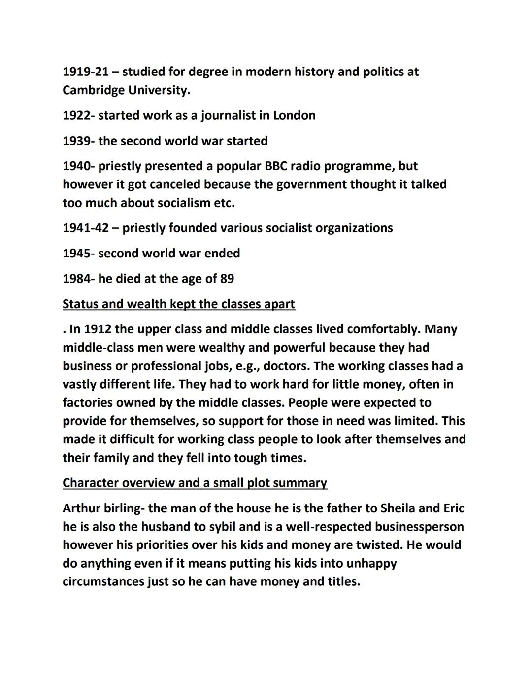 Introduction to 'An Inspector Calls'
This play is about society and class dived for example if you were
poor, you were classed as 'working c