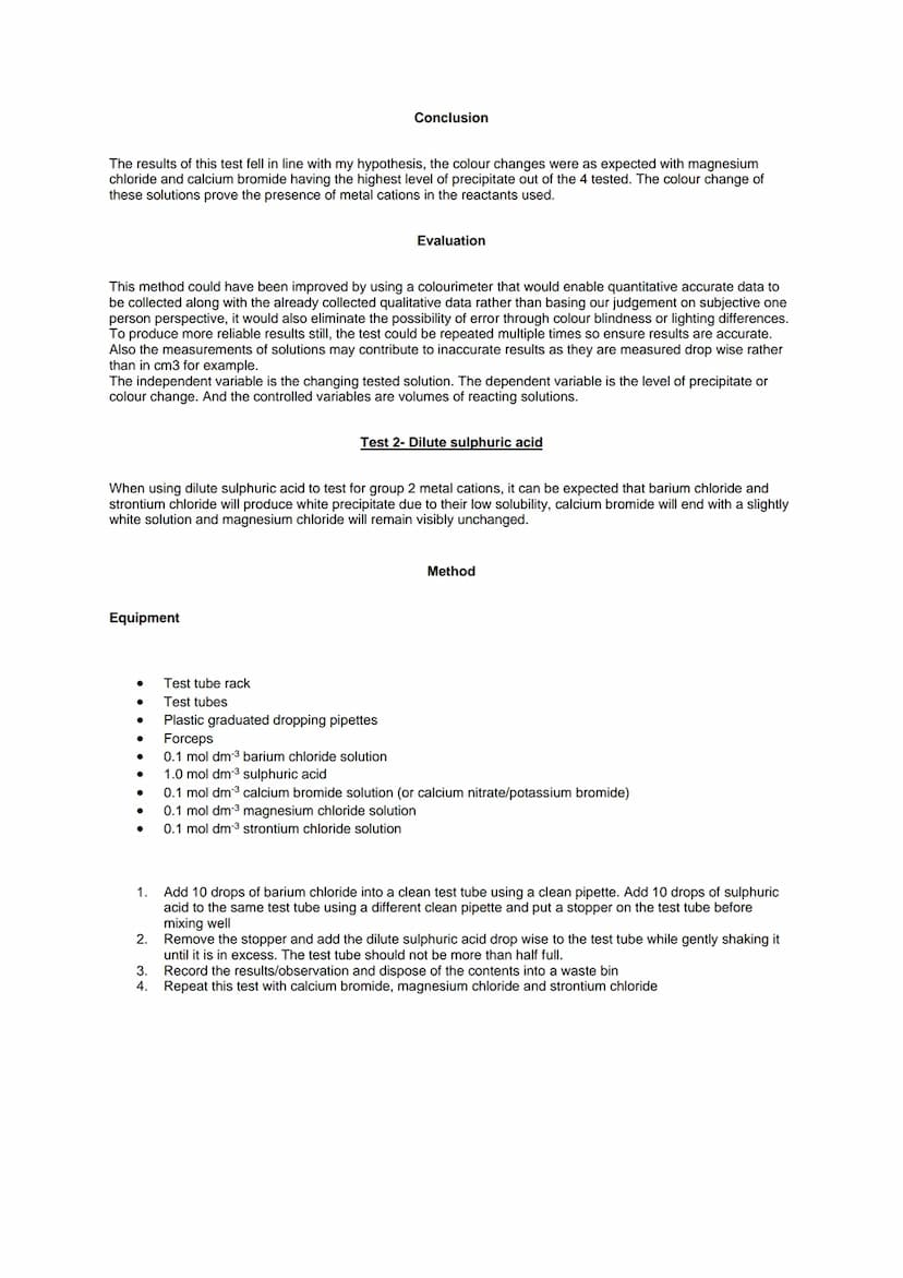 Required Practical 4: Carry out simple test-tube reactions to identify cations and anions in
aqueous solution
Aim: To carry out tests for th