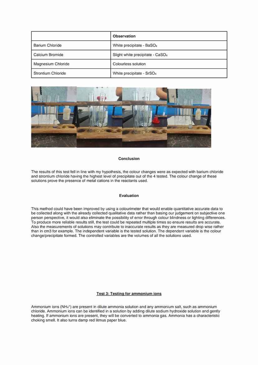 Required Practical 4: Carry out simple test-tube reactions to identify cations and anions in
aqueous solution
Aim: To carry out tests for th