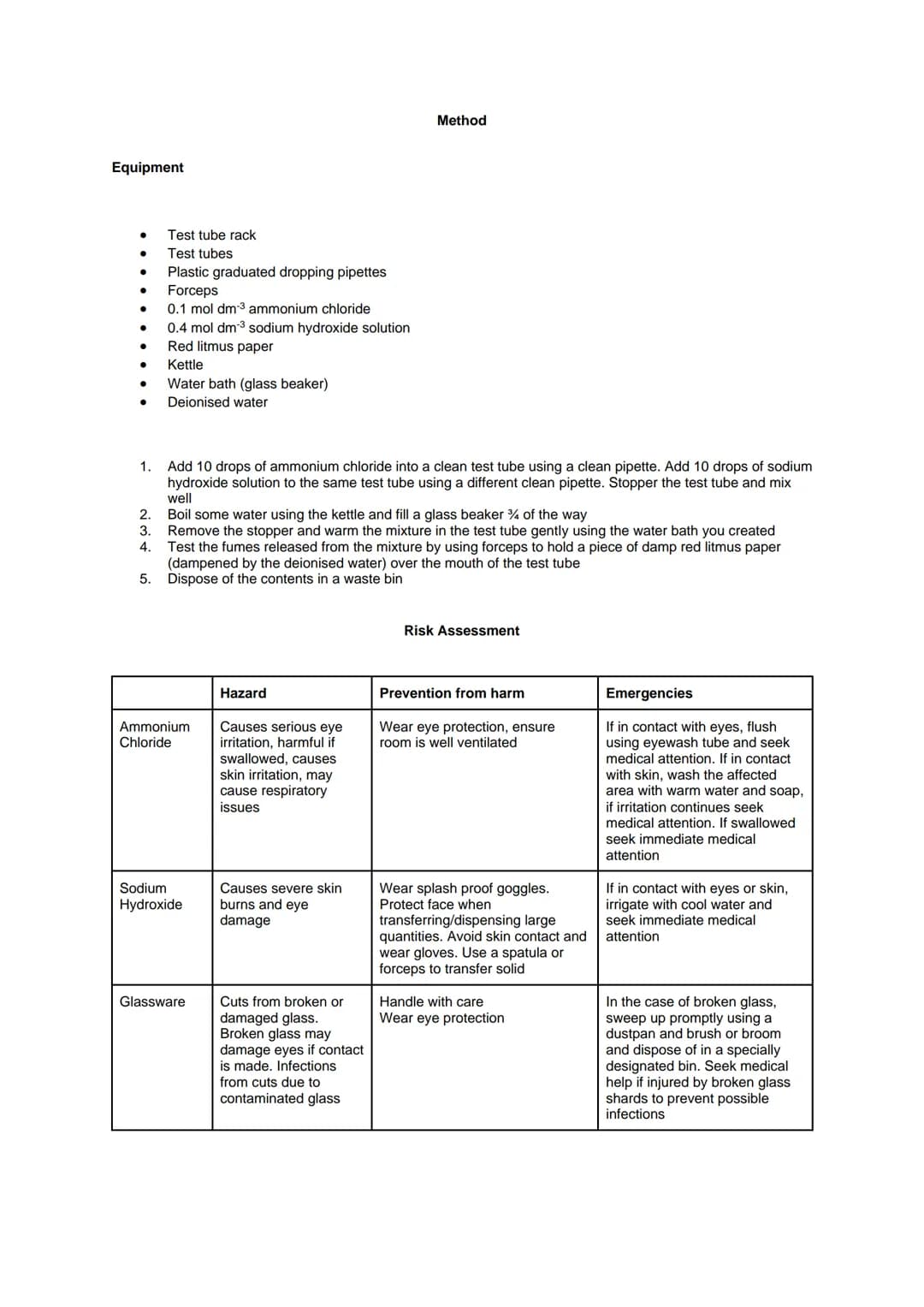 Required Practical 4: Carry out simple test-tube reactions to identify cations and anions in
aqueous solution
Aim: To carry out tests for th