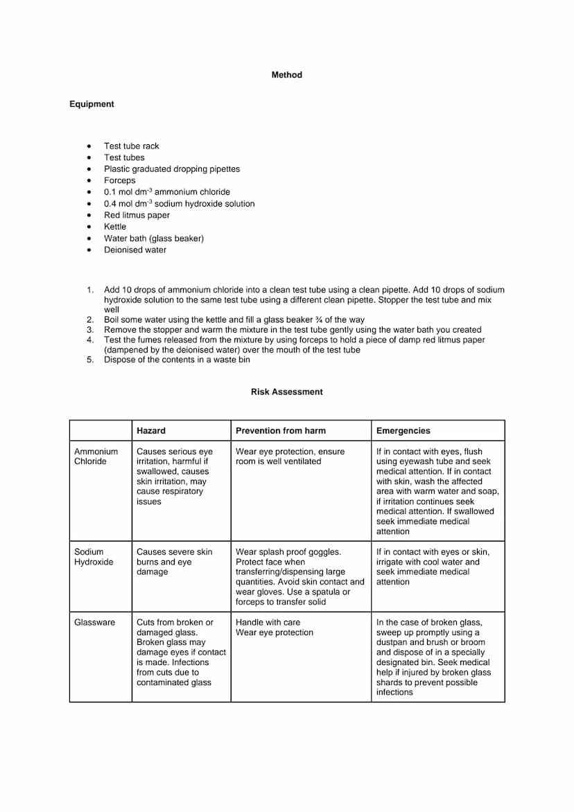 Required Practical 4: Carry out simple test-tube reactions to identify cations and anions in
aqueous solution
Aim: To carry out tests for th
