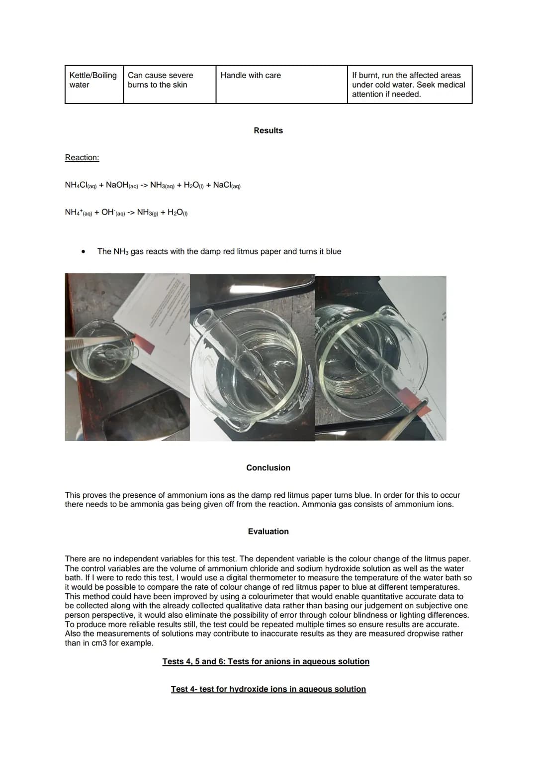 Required Practical 4: Carry out simple test-tube reactions to identify cations and anions in
aqueous solution
Aim: To carry out tests for th