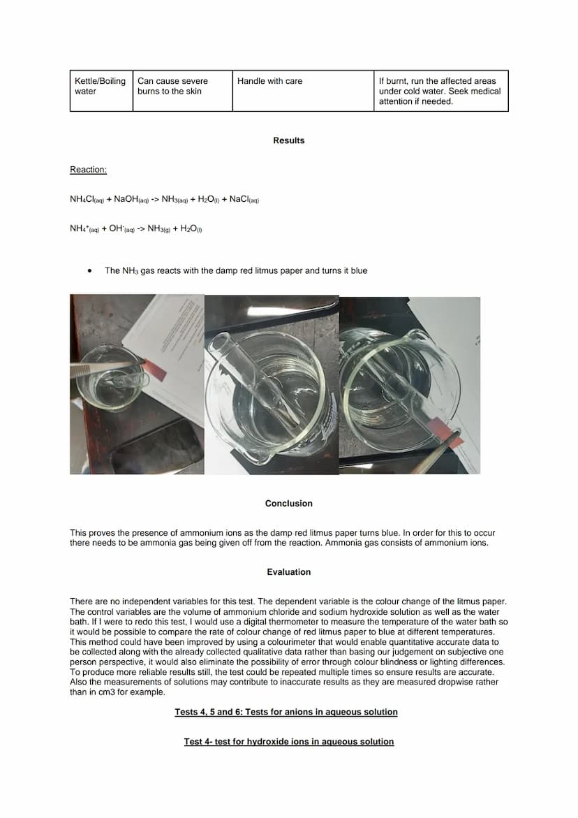 Required Practical 4: Carry out simple test-tube reactions to identify cations and anions in
aqueous solution
Aim: To carry out tests for th