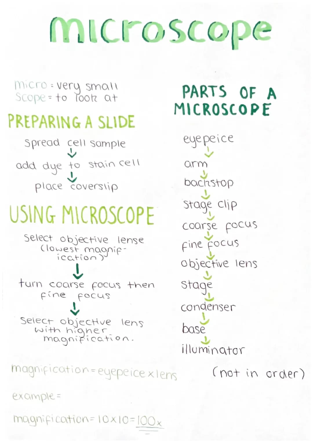 microscope
micro very small
Scope to Took at
PREPARING A SLIDE
Spread cell sample
↓
add dye to stain cell
↓
place coverslip
=
USING MICROSCO