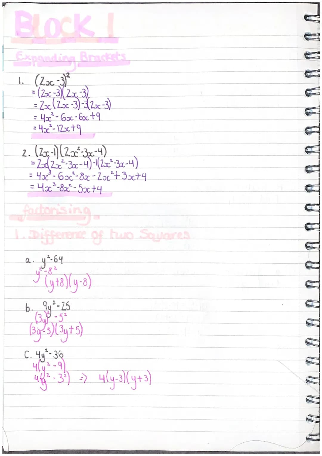 Block I
Exponding Brackets
1. (200-3)²
= (2x-3)(2x-3)
= 2x (2x-3)-3(2x-3)
= 4x² - 6x-60c +9
= 4x²-12x+9
2. (2x₁-1) (2x²-3x-4)
= 20 (2xx²-3xx