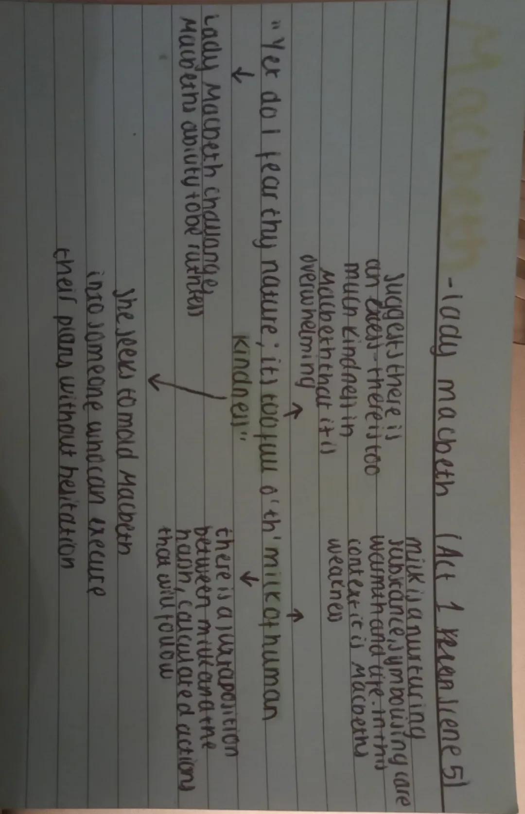 -lady macbeth (Act 1 kerensiene 5)
suggests there is
an excess there is too
much Kindnell in
Macbeththat it il
overwhelming
↑
mick is a nurt