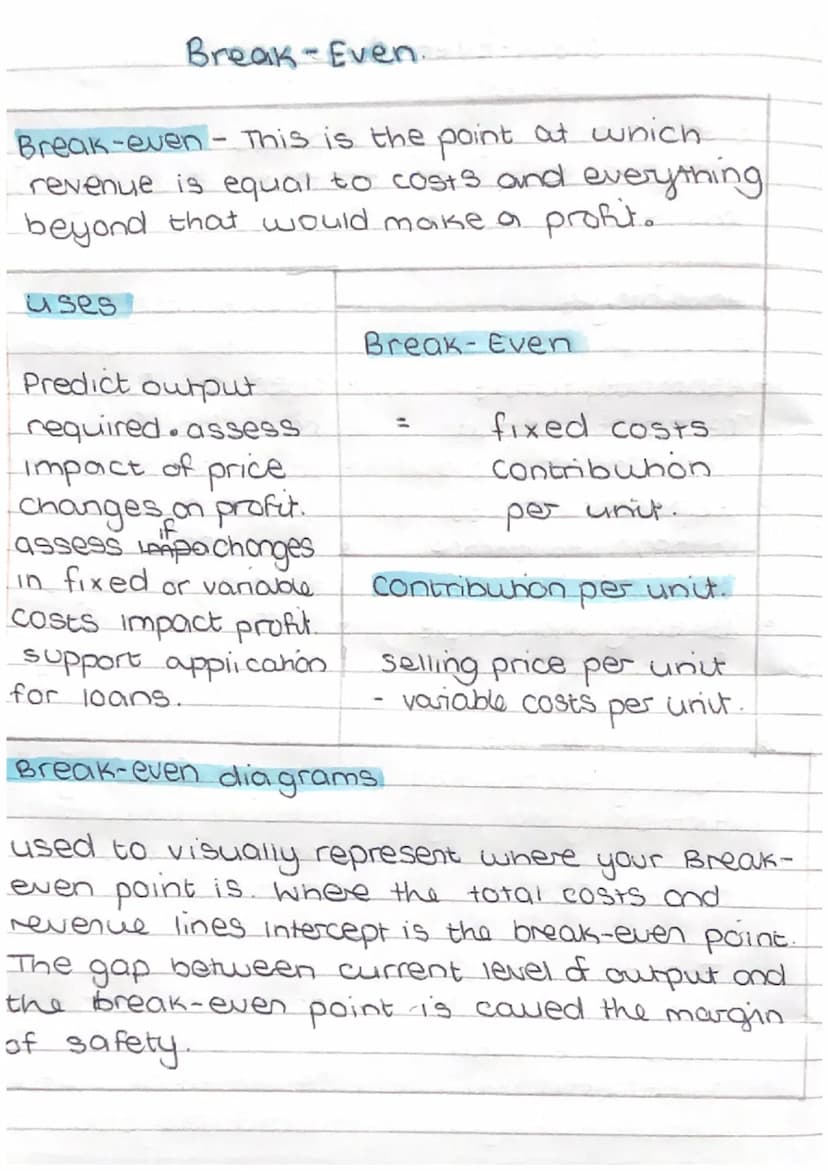 Break-Even Analysis
Break-even analysis - compares revenue against
fixed and variable costs to identify
minimum sales to make a profit.
Adva
