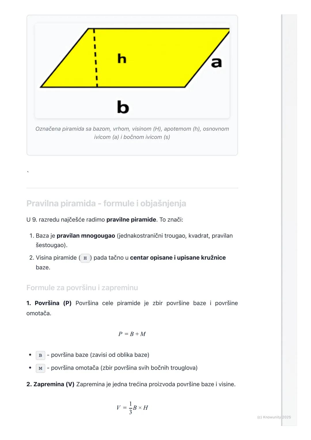 # Piramida

Uvod u piramide

Piramida je geometrijsko telo (poliedar) ograničeno jednim mnogouglom i
trouglovima koji imaju zajednički vrh. 