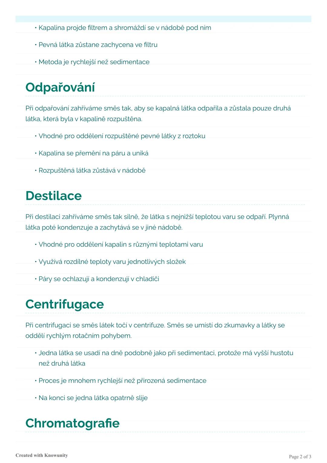 Různé metody oddělování směsí
látek
Přehled různých metod oddělování směsí látek včetně sedimentace, filtrace, odpařování,
destillace, centr
