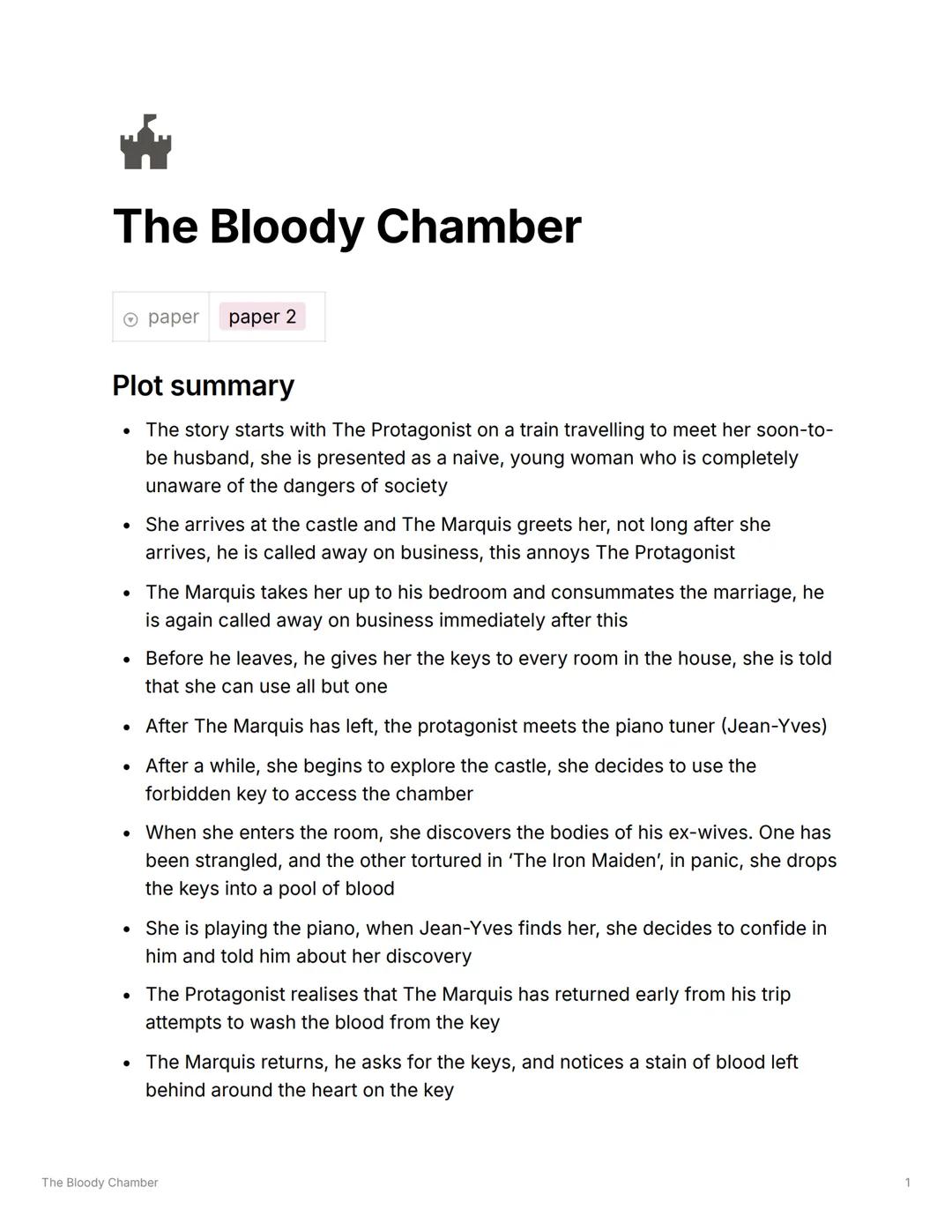 # The Bloody Chamber

paper paper 2

## Plot summary

- The story starts with The Protagonist on a train travelling to meet her soon-to-
be 