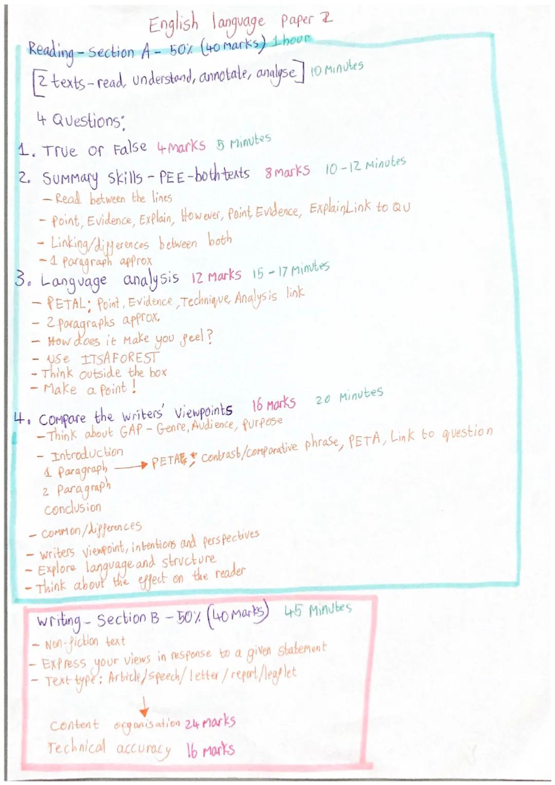 English language paper
Reading-Section A-50% (40 marks) 1 hour
[2texts-read, understand, annotate, analyse] 10 Minutes
4 Questions:
1. True 