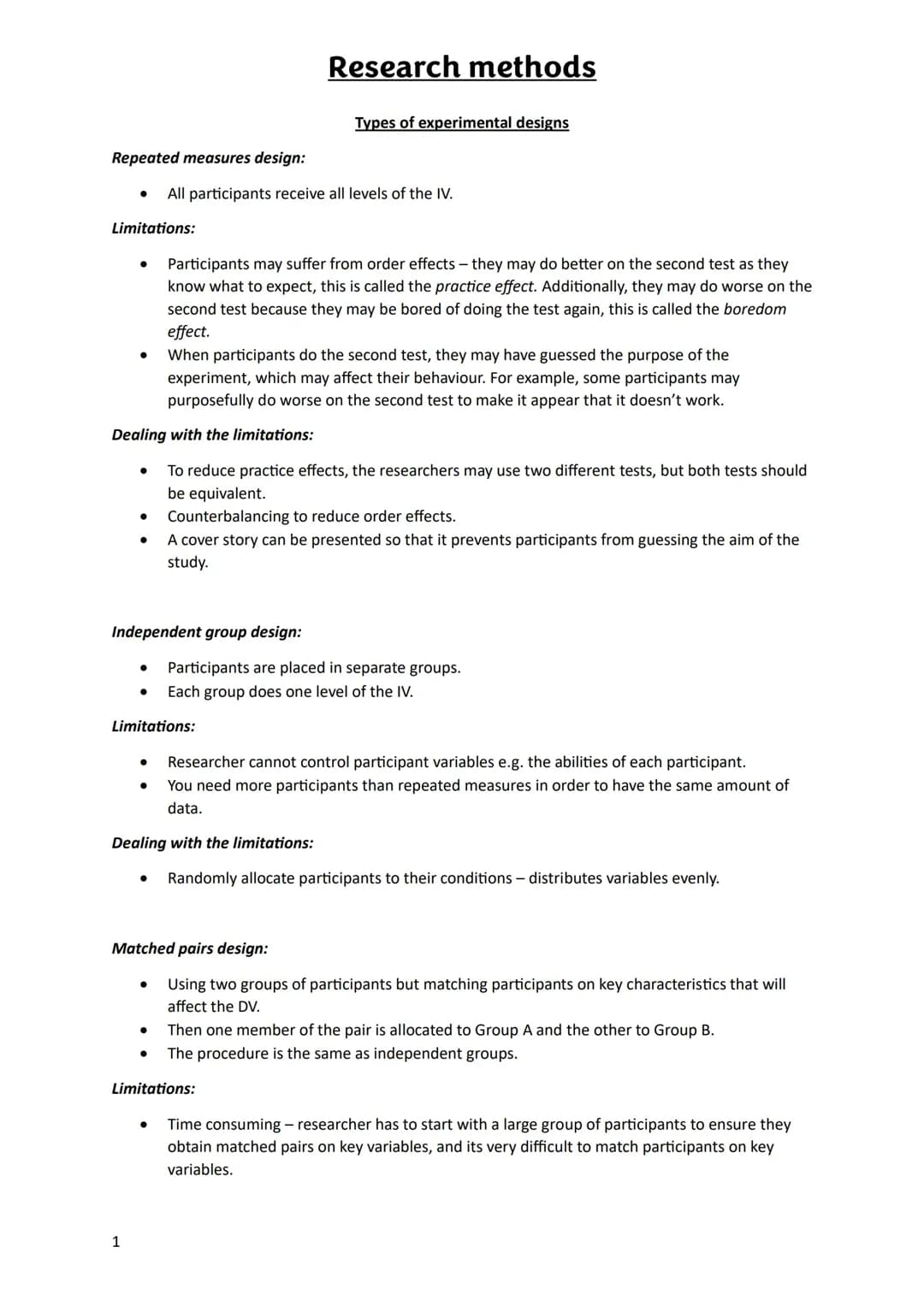 AQA Year 12 Psychology Research Methods: Experimental Designs, Variables, and Sampling - Simple Revision Notes PDF