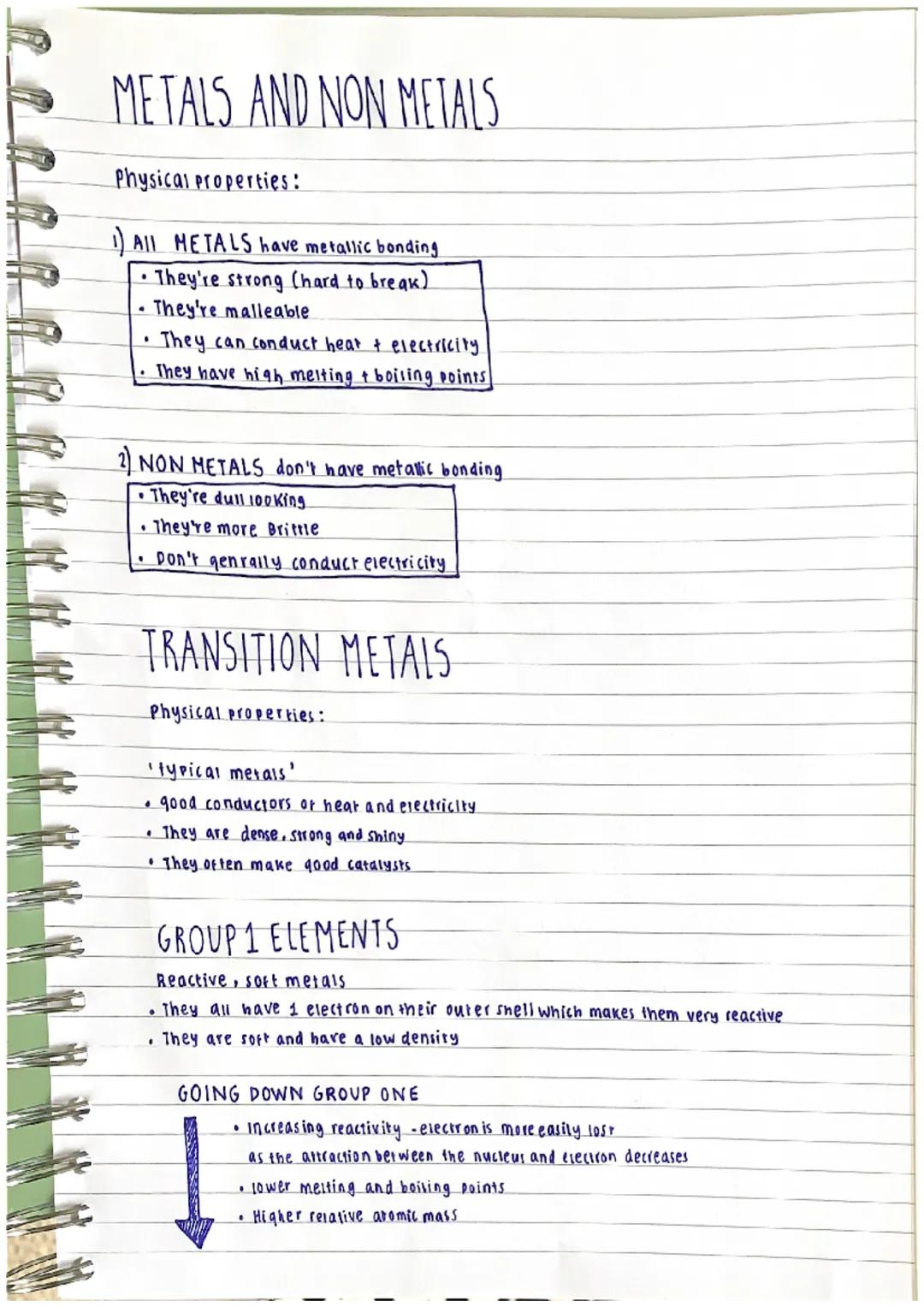 METALS AND NON METALS
Physical properties:
1) All METALS have metallic bonding
•They're strong (hard to break)
They're malleable
.
2) NON ME