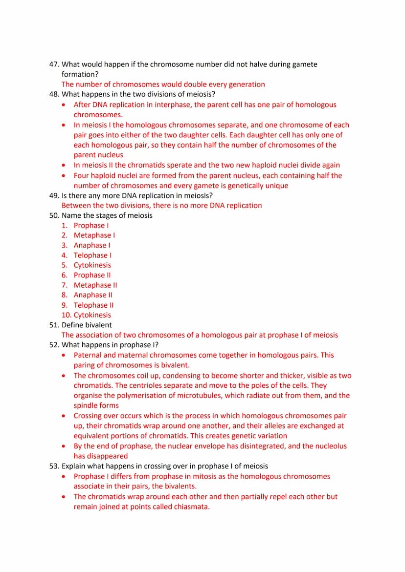 Mitosis and Meiosis Revision Questions
1. What is a chromosome?
A chromosome is a long, thin structure of DNA and protein in the nucleus if 