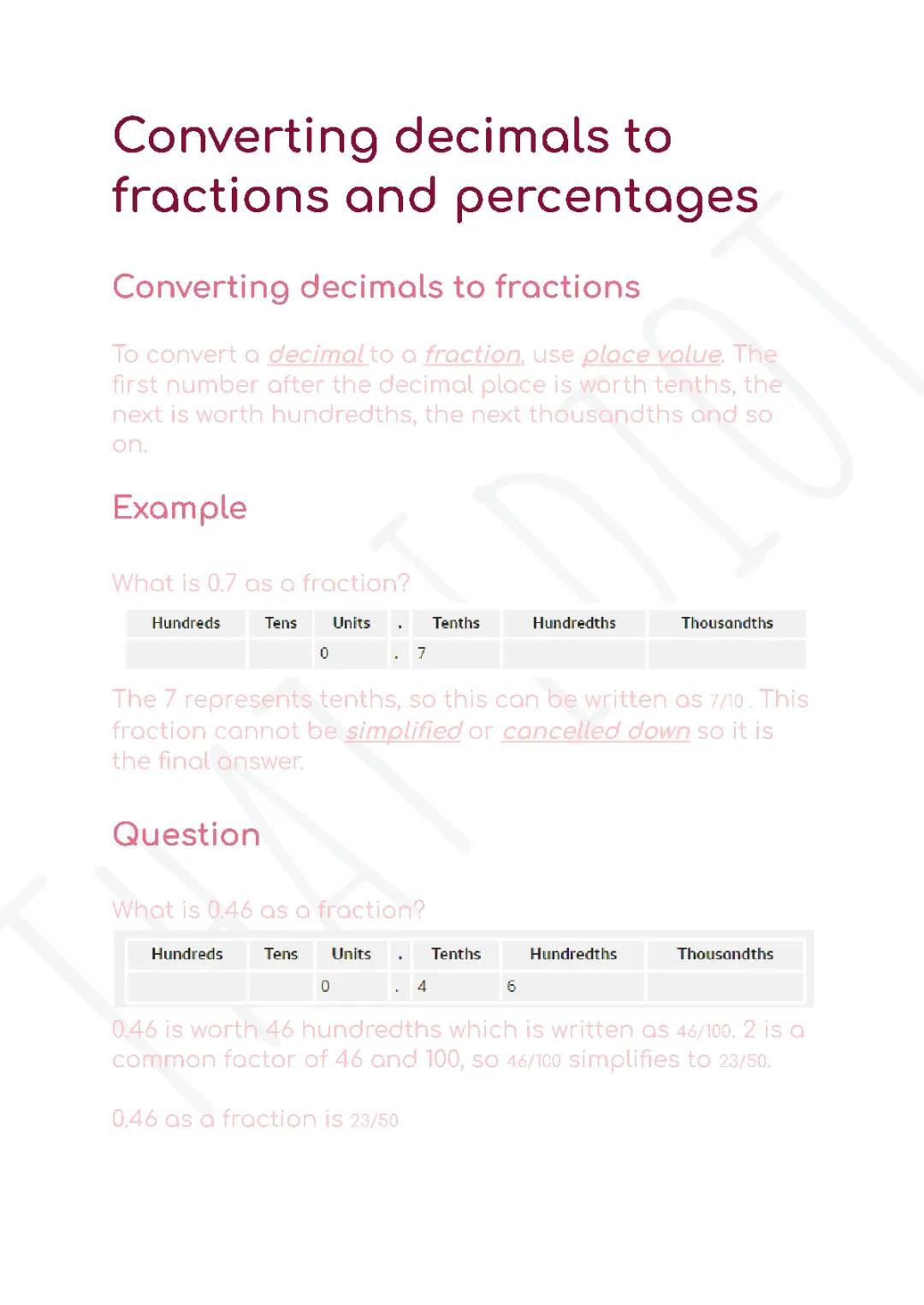 Converting decimals to fractions and percentages