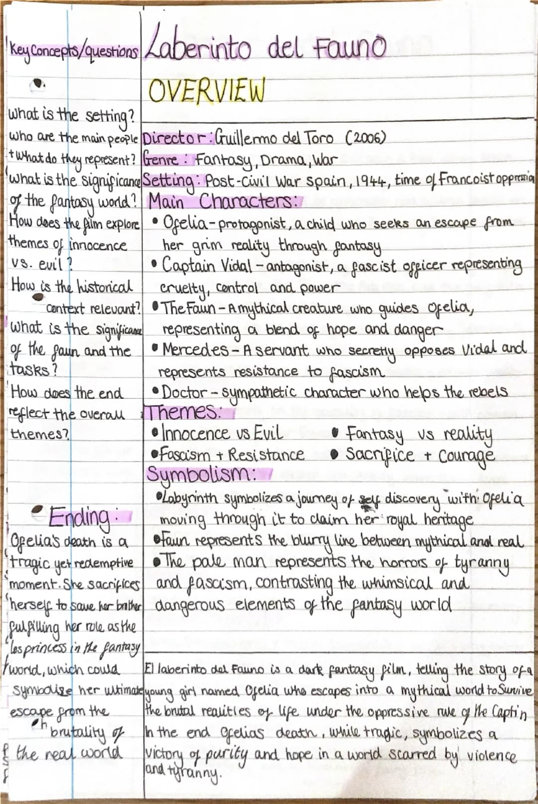 --- OCR Start ---
Key concepts
/questions Laberinto del Fauno
What is the setting?
OVERVIEW
who are the main people
Director: Guillermo del 
