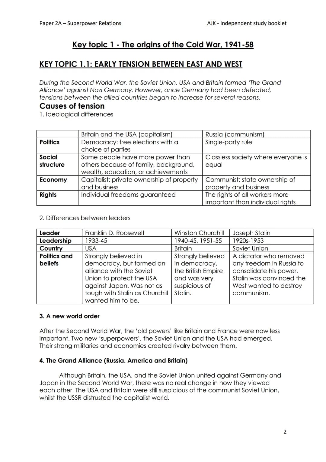 Paper 2A - Superpower Relations
Soviet Union
Stalin
United States Roosevelt
1940
ADMITTANCE
EUROP
1945
NARTY ORDER
Year 11 GCSE History
Pape