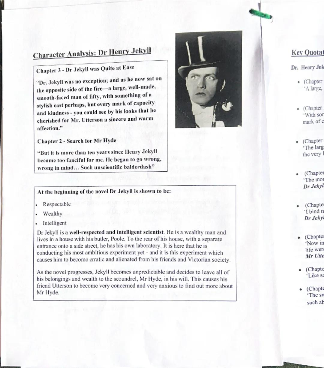 Jekyll and Hyde
Chapter summaries.
1) Story of the door:
Utterson and Enfield are on their usual Sunday walk.
Enfield recounts a story about