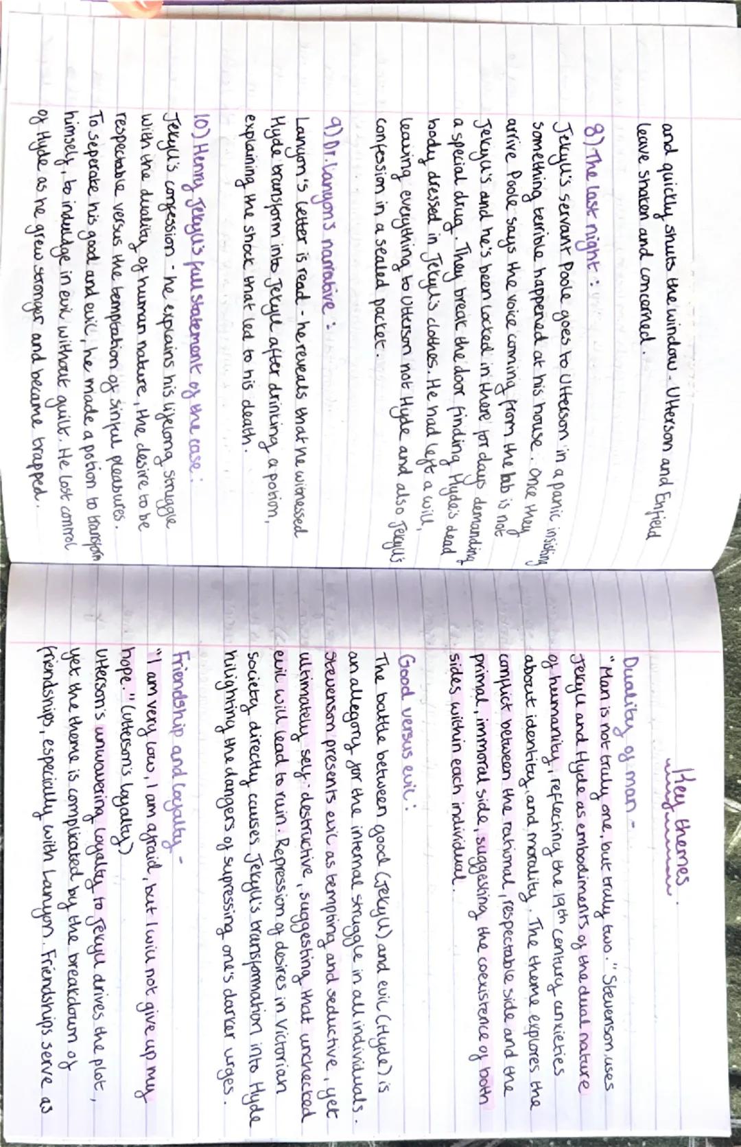 Jekyll and Hyde
Chapter summaries.
1) Story of the door:
Utterson and Enfield are on their usual Sunday walk.
Enfield recounts a story about