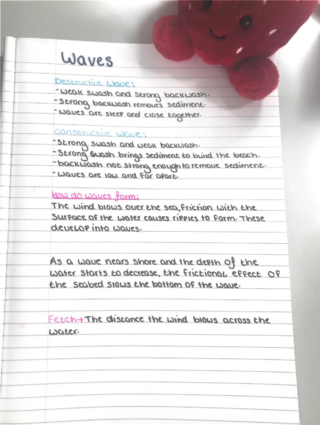 Waves
Destructive wave:
-weak swash and Strong backwash
-Strong backwash removes sediment
-waves are steep and close together.
constructive 